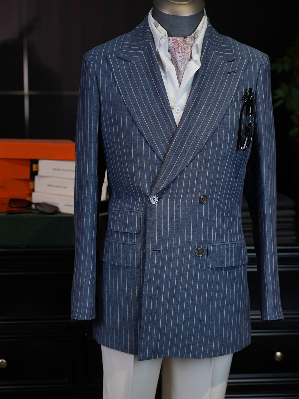 Men’s Double Breasted Blue Pinstripe Blazer, 100% Pure Italian Linen Summer Sport Coat