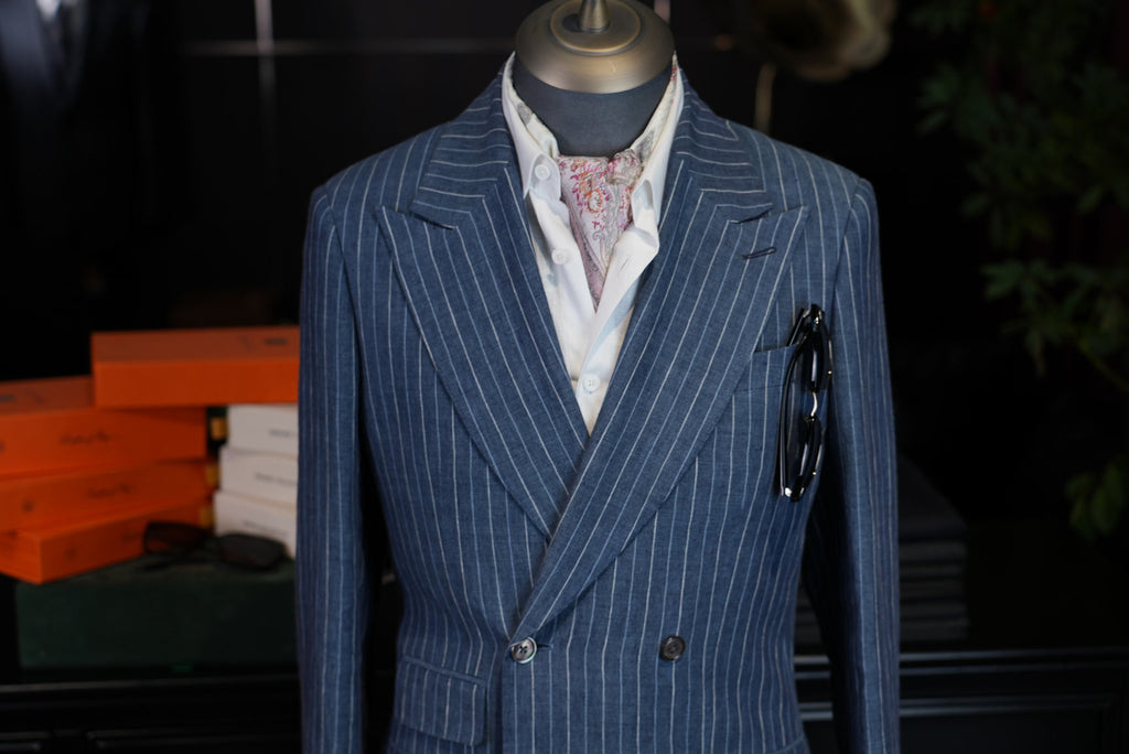 Men’s Double Breasted Blue Pinstripe Blazer, 100% Pure Italian Linen Summer Sport Coat
