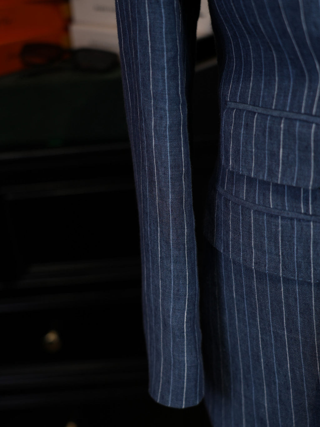 Men’s Double Breasted Blue Pinstripe Blazer, 100% Pure Italian Linen Summer Sport Coat
