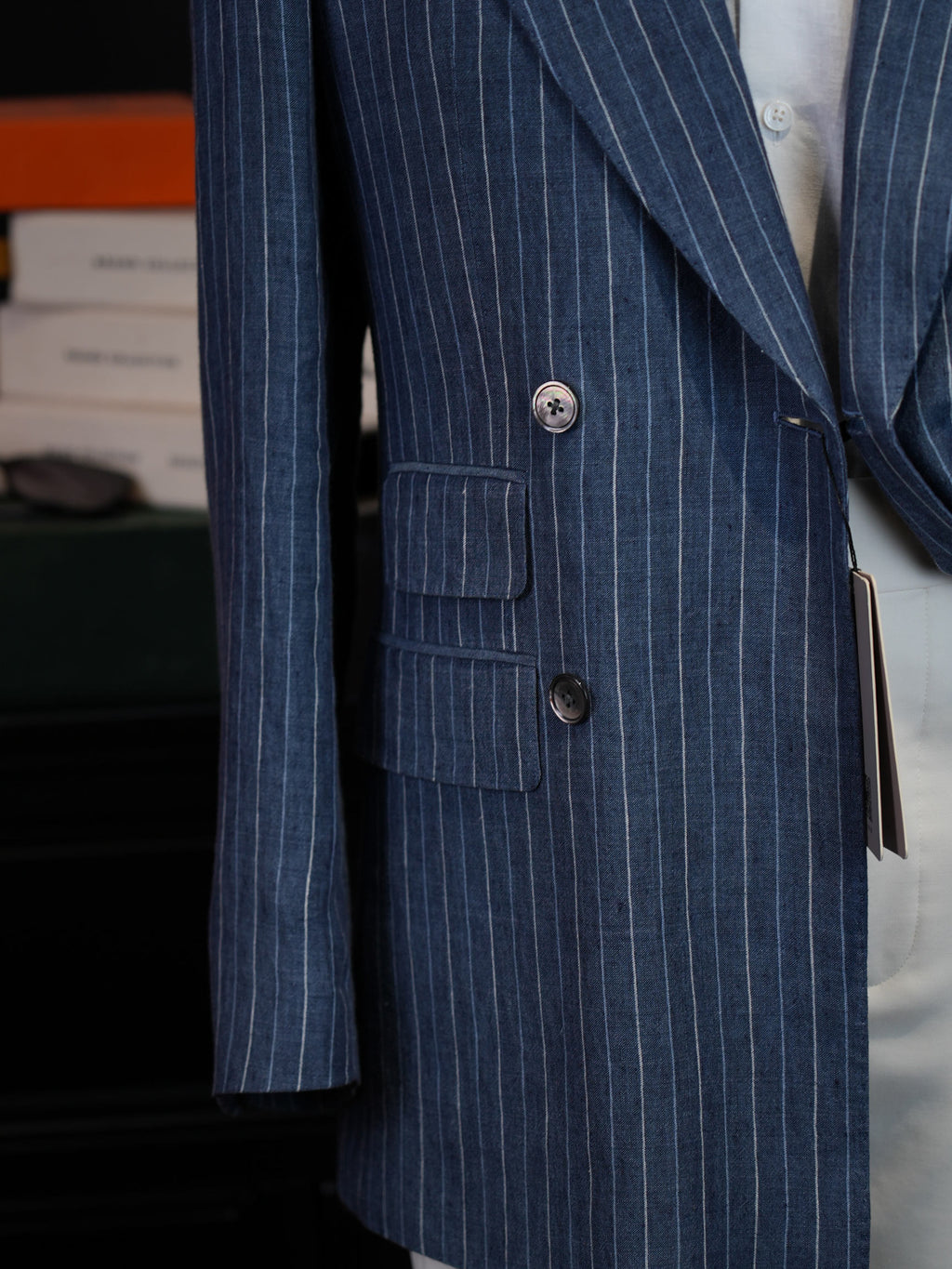 Men’s Double Breasted Blue Pinstripe Blazer, 100% Pure Italian Linen Summer Sport Coat