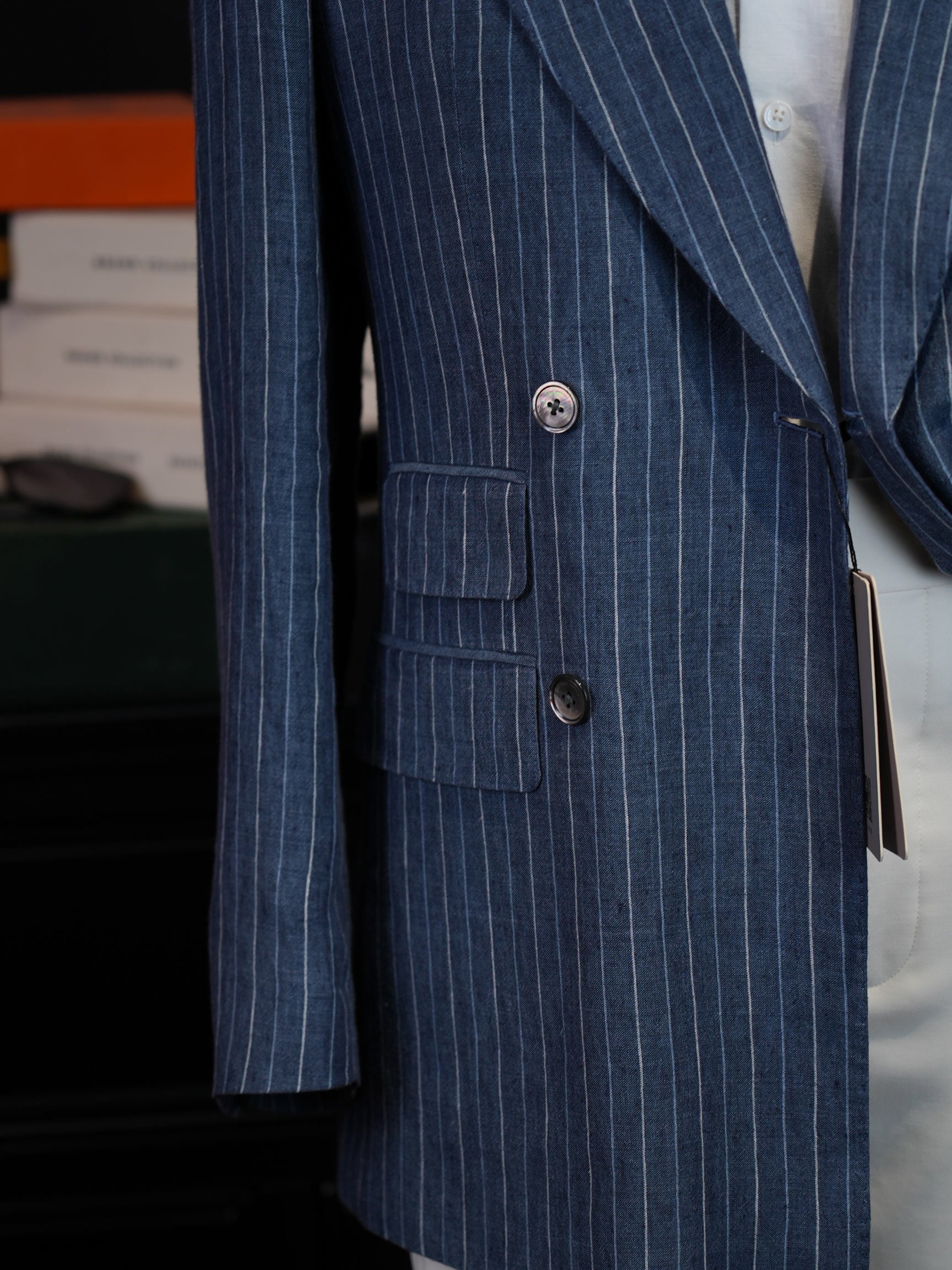 Men’s Double Breasted Blue Pinstripe Blazer, 100% Pure Italian Linen Summer Sport Coat
