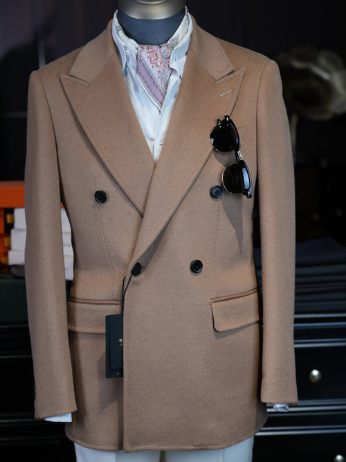 Camel Heavyweight 100% Wool Double-Breasted Blazer | Bespoke Designer Jacket from Our Own Factory