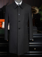 Men’s Dark Grey 100% Wool Convertible Collar Overcoat, Mid-Length Four-Button Pure Wool Car Coat for Business Formal