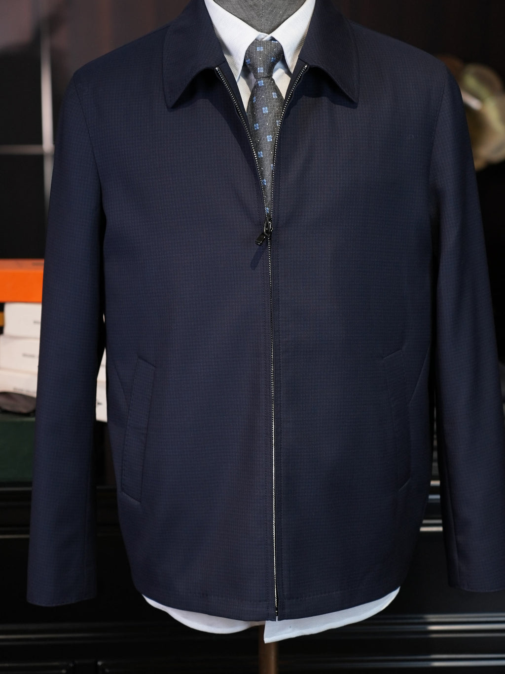 Men’s Navy 100% Pure Wool Business Executive Zip Jacket, Custom Tailored Fit for Black Men’s Broad Shoulders & Athletic Torso Premium Fine Wool Office Blouson