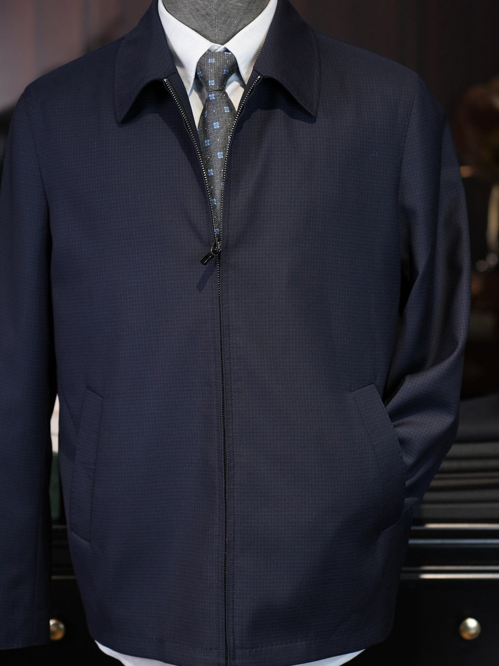 Men’s Navy 100% Pure Wool Business Executive Zip Jacket, Custom Tailored Fit for Black Men’s Broad Shoulders & Athletic Torso Premium Fine Wool Office Blouson