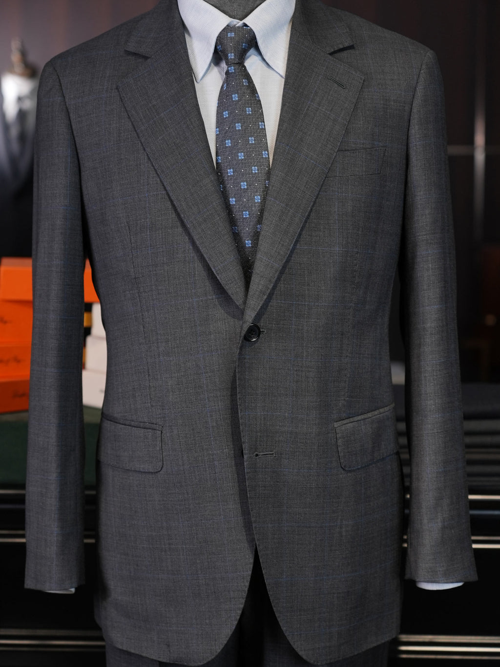 Men's Dark Grey Windowpane Blazer | Notch Lapel 100% Pure Wool Single Breasted Sport Coat