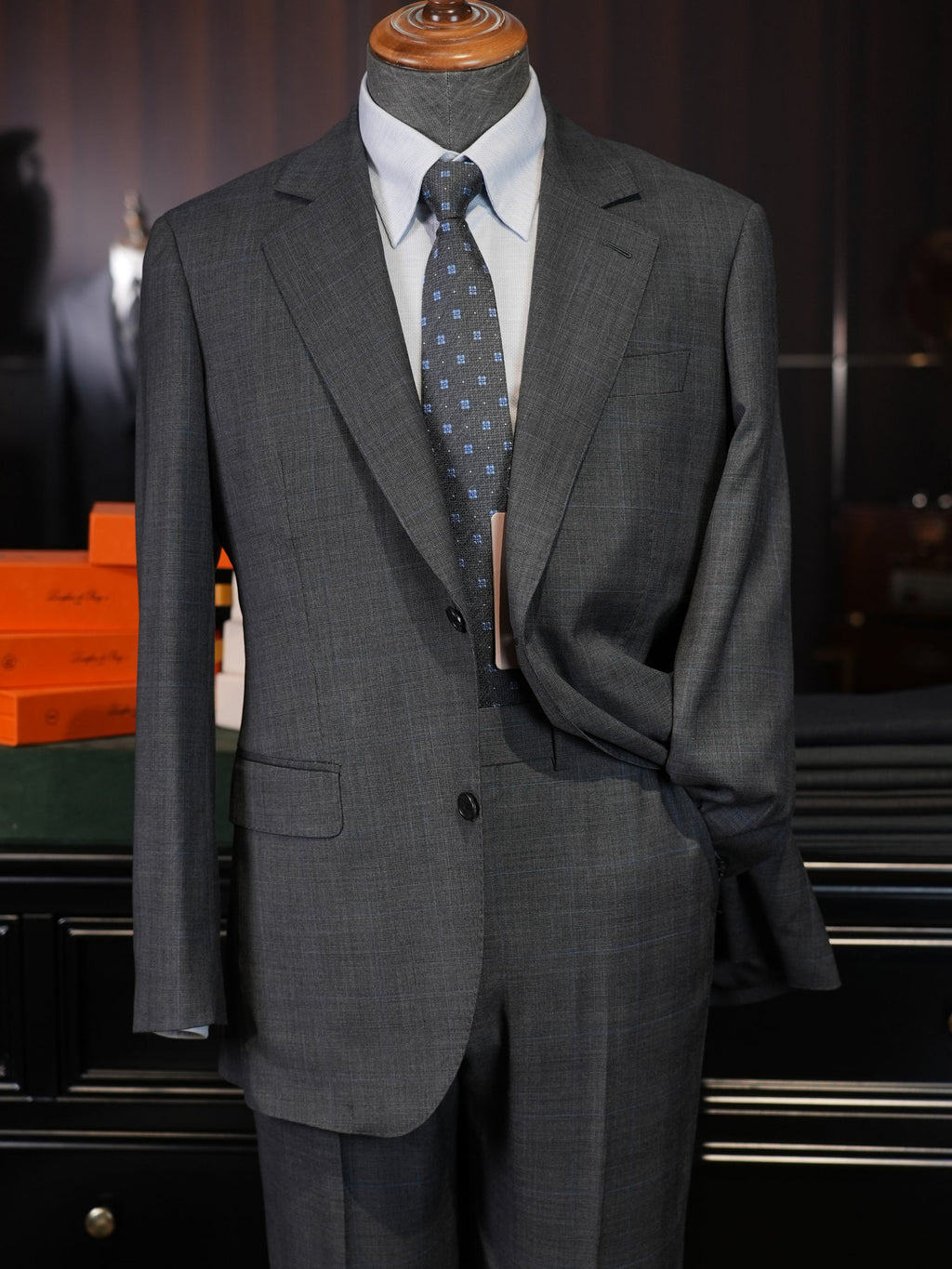 Men's Dark Grey Windowpane Blazer | Notch Lapel 100% Pure Wool Single Breasted Sport Coat