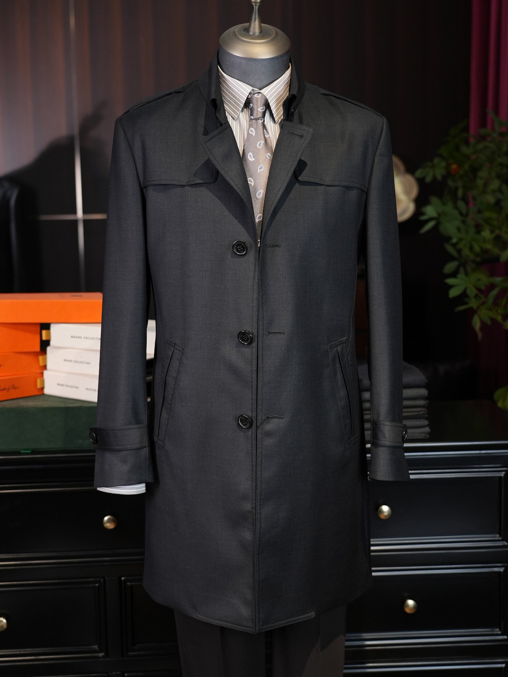 Men’s Dark Grey 100% Superfine Wool Casual Trench Coat, Custom Tailored Fit for Black Men’s Torso & Shoulder Proportions Mid-Length Luxury Wool Overcoat