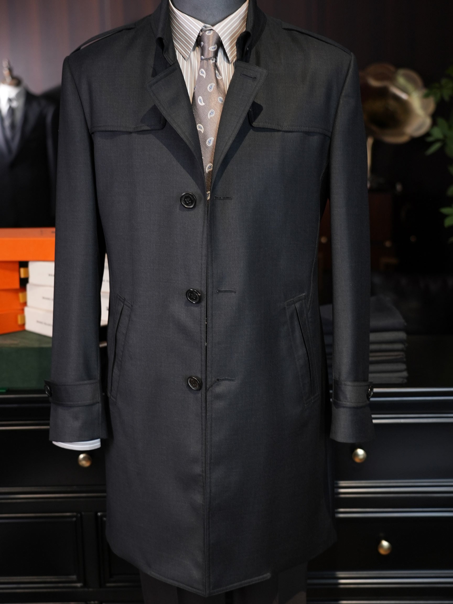 Men’s Dark Grey 100% Superfine Wool Casual Trench Coat, Custom Tailored Fit for Black Men’s Torso & Shoulder Proportions Mid-Length Luxury Wool Overcoat