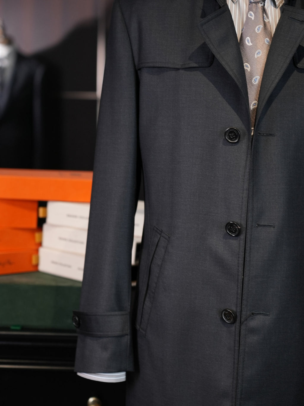 Men’s Dark Grey 100% Superfine Wool Casual Trench Coat, Custom Tailored Fit for Black Men’s Torso & Shoulder Proportions Mid-Length Luxury Wool Overcoat