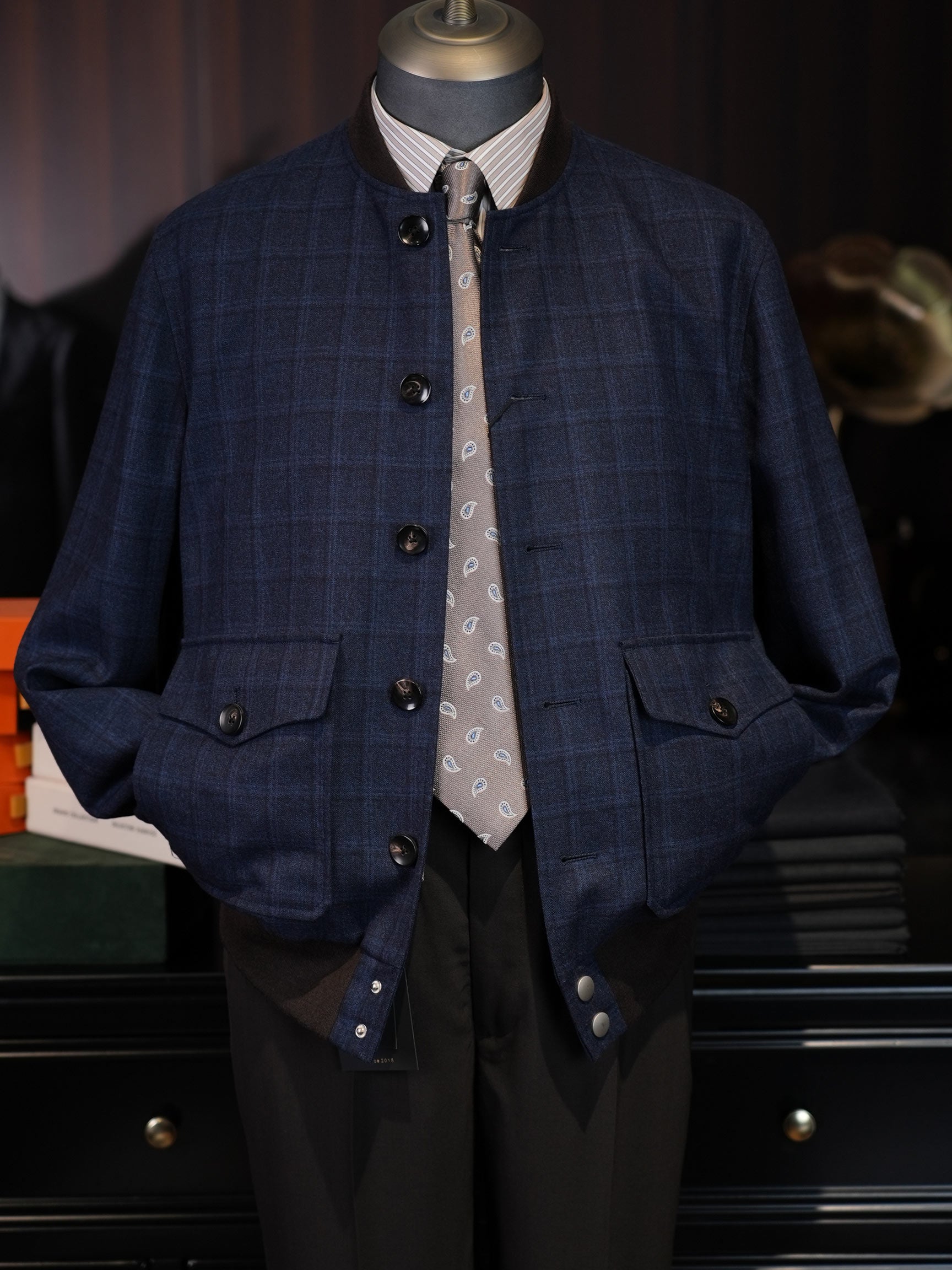Men’s Short Blue Check 100% Pure Wool Casual Jacket Contrast Plaid Tailored Relaxed Outerwear for Business Smart Casual