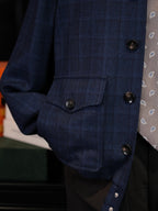Men’s Short Blue Check 100% Pure Wool Casual Jacket Contrast Plaid Tailored Relaxed Outerwear for Business Smart Casual