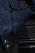 Men’s Short Blue Check 100% Pure Wool Casual Jacket Contrast Plaid Tailored Relaxed Outerwear for Business Smart Casual