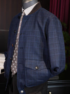 Men’s Short Blue Check 100% Pure Wool Casual Jacket Contrast Plaid Tailored Relaxed Outerwear for Business Smart Casual