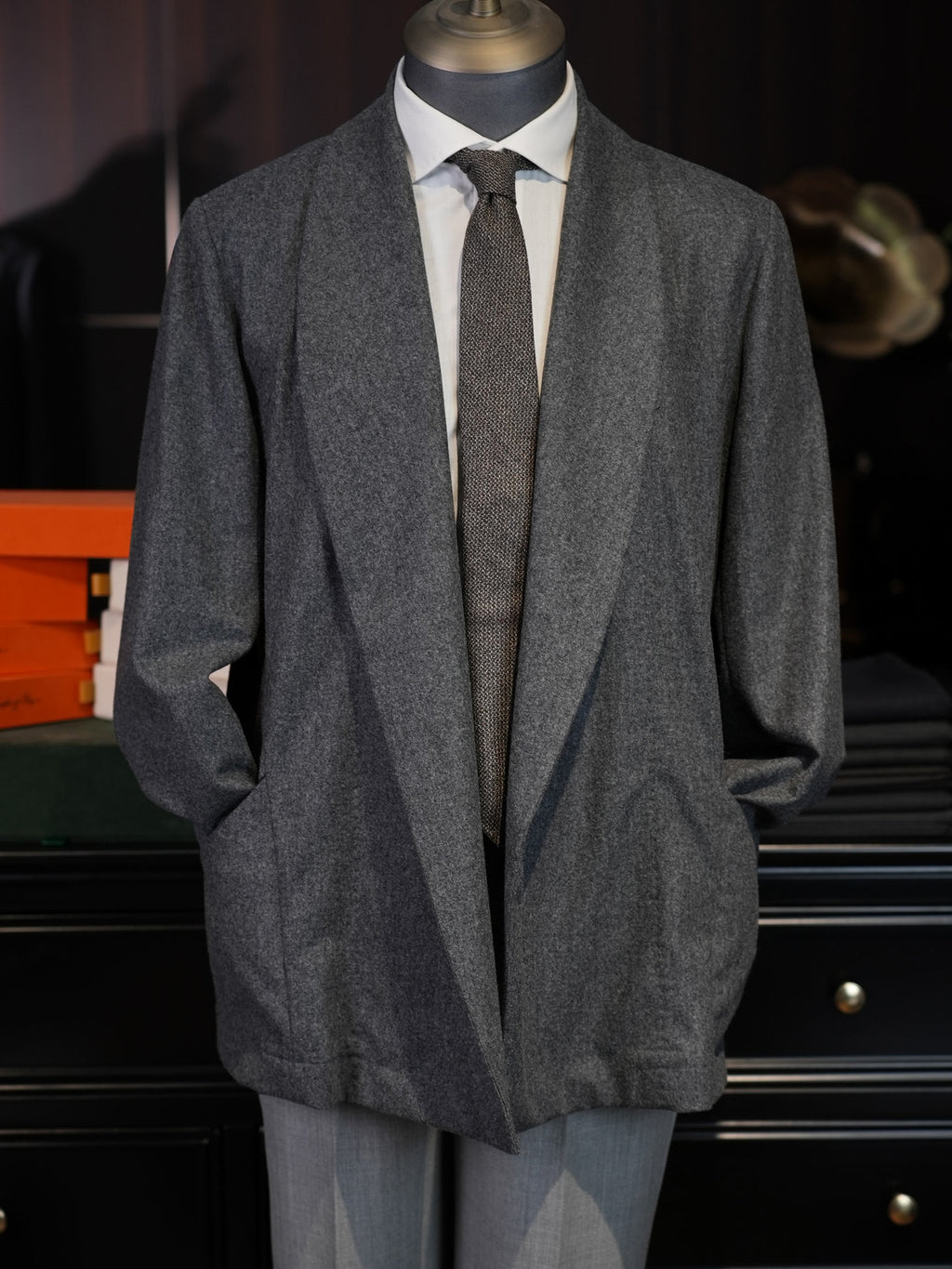 Men’s Grey Wool Blend Open Front Casual Jacket, 50% Wool 50% Polyester Soft Shawl Collar Relaxed Cardigan Coat for Smart Daily Wear