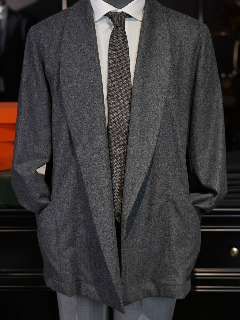 Men’s Grey Wool Blend Open Front Casual Jacket, 50% Wool 50% Polyester Soft Shawl Collar Relaxed Cardigan Coat for Smart Daily Wear