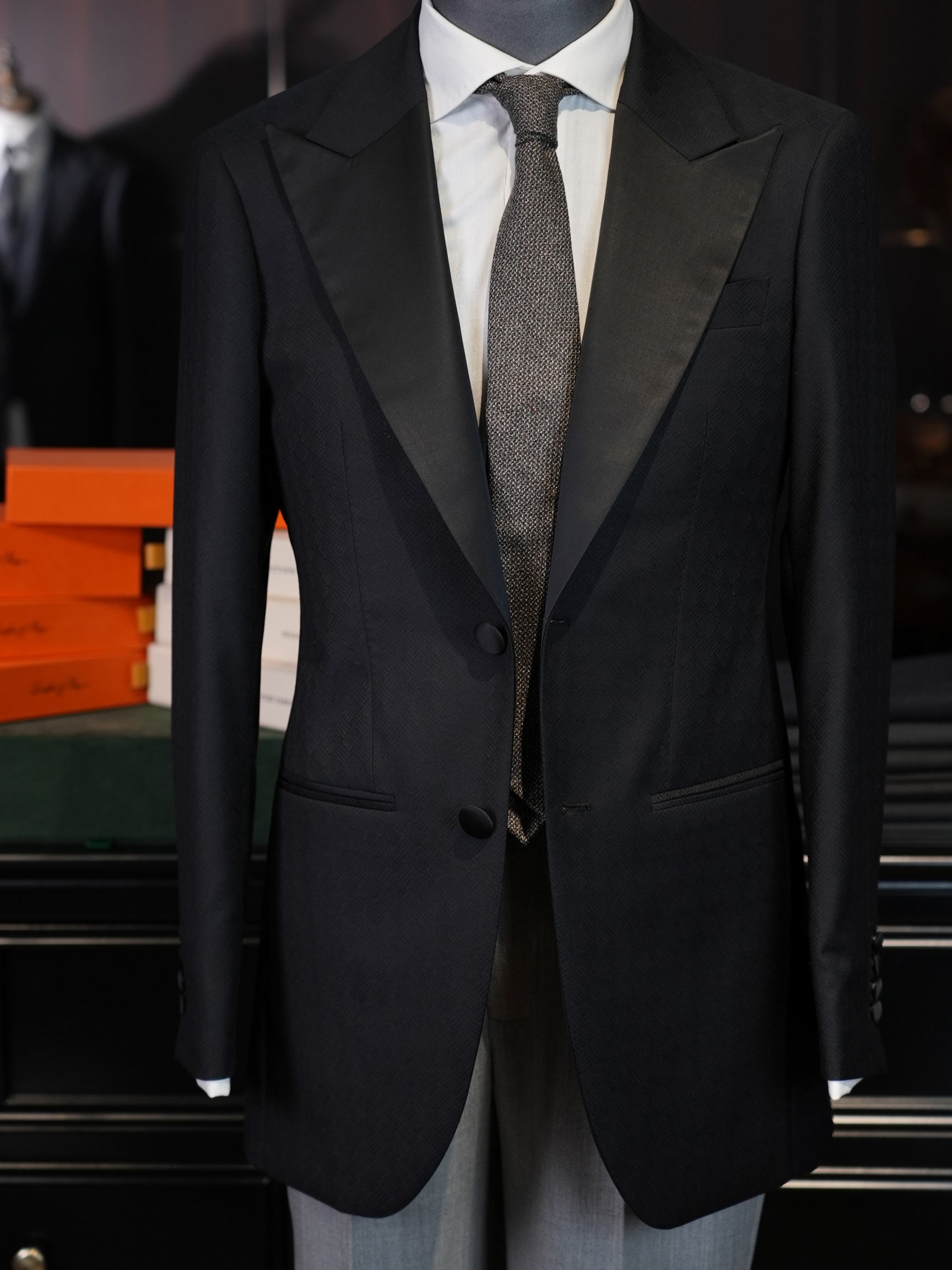 Dark black satin-paneled blazer