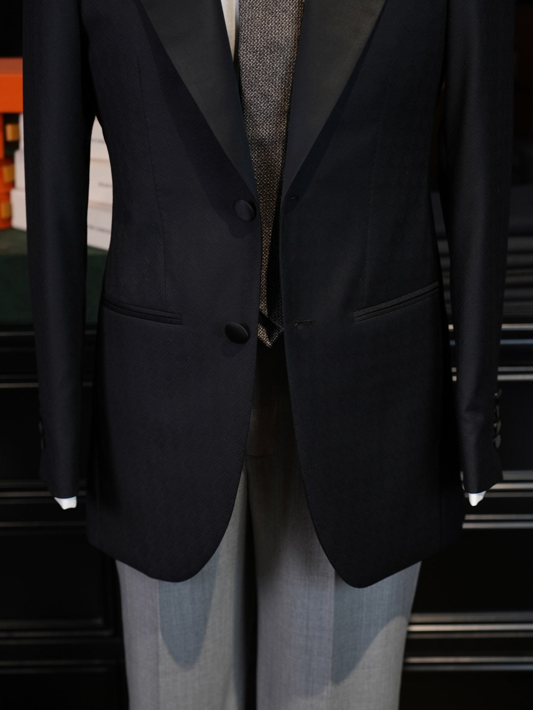 Dark black satin-paneled blazer