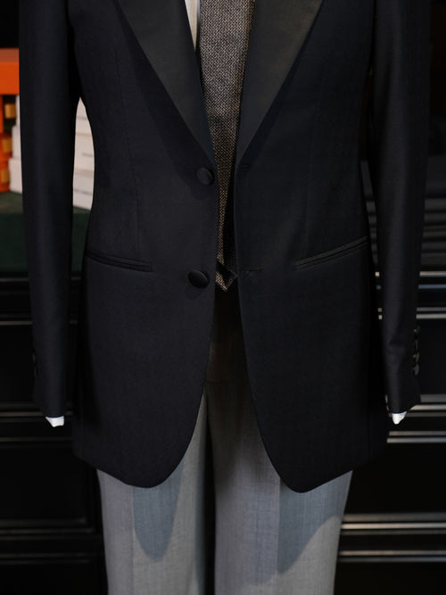 Dark black satin-paneled blazer