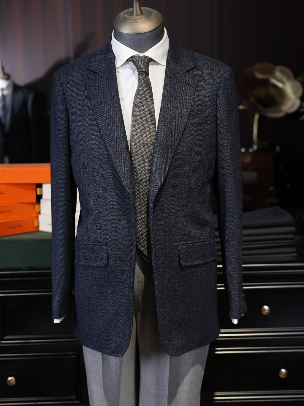Navy Herringbone 100% Wool Blazer Premium Tailored Standalone Suit Jacket