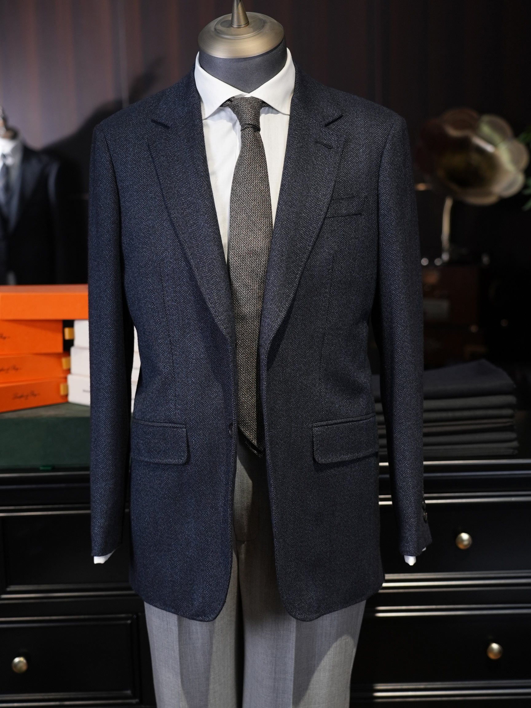 Navy Herringbone 100% Wool Blazer Premium Tailored Standalone Suit Jacket