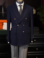 Navy Classic Double Breasted Blazer, 100% Pure Wool Peak Lapel Gold Button Sport Coat for Business