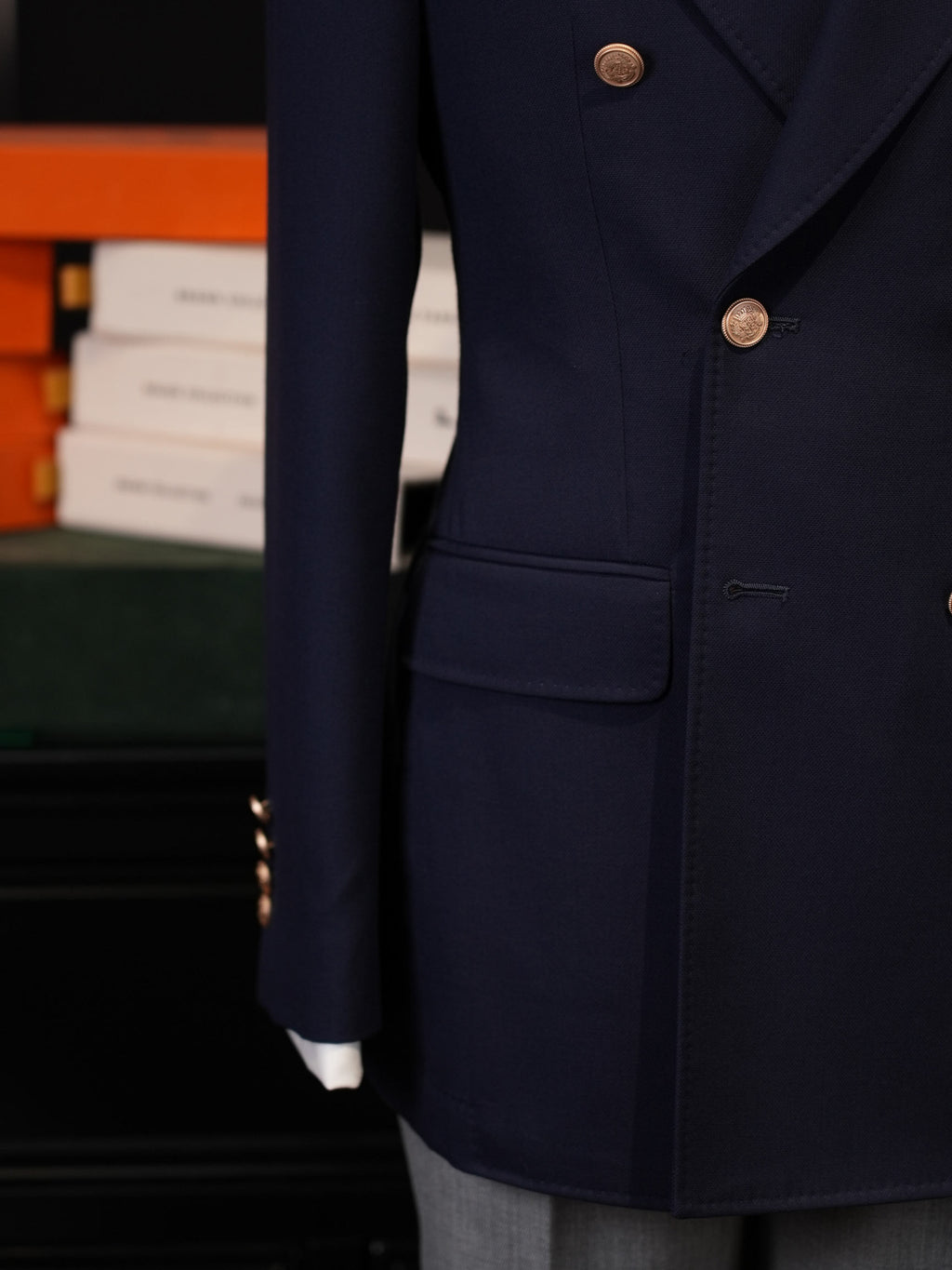 Navy Classic Double Breasted Blazer, 100% Pure Wool Peak Lapel Gold Button Sport Coat for Business