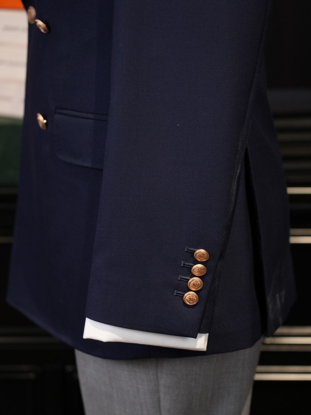 Navy Classic Double Breasted Blazer, 100% Pure Wool Peak Lapel Gold Button Sport Coat for Business