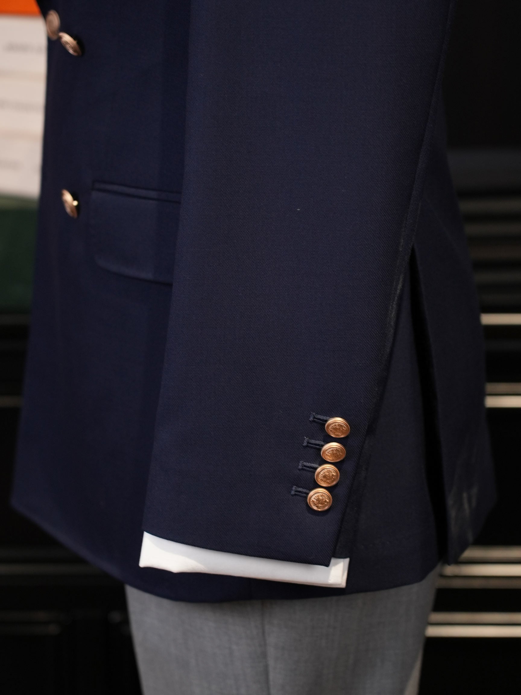 Navy Classic Double Breasted Blazer, 100% Pure Wool Peak Lapel Gold Button Sport Coat for Business