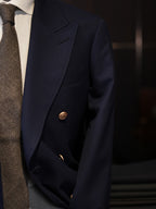 Navy Classic Double Breasted Blazer, 100% Pure Wool Peak Lapel Gold Button Sport Coat for Business