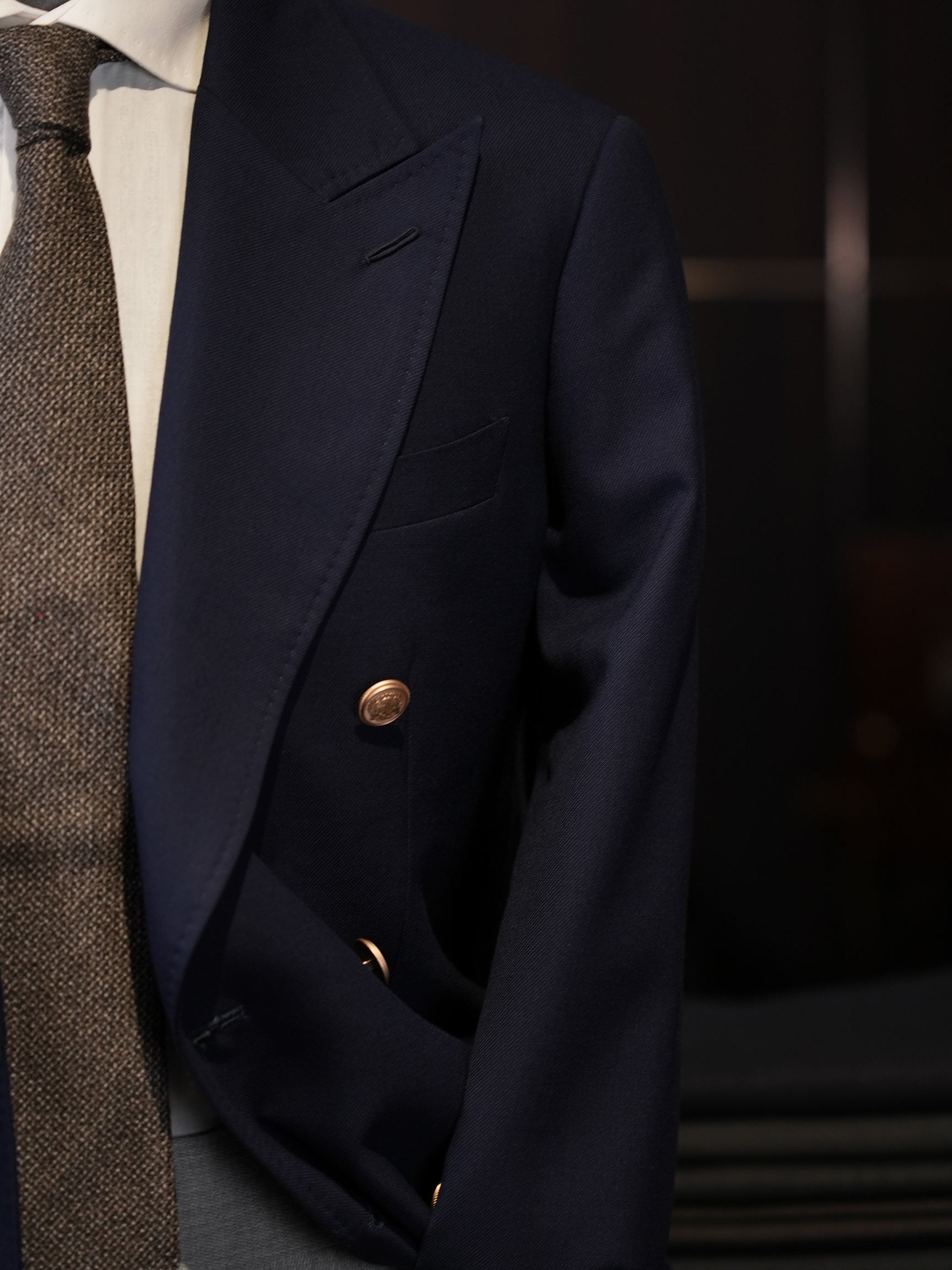 Navy Classic Double Breasted Blazer, 100% Pure Wool Peak Lapel Gold Button Sport Coat for Business