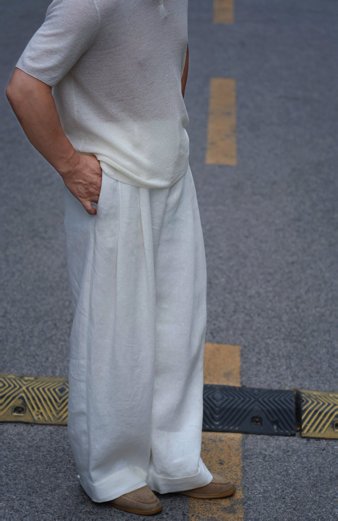 High Waist Pleated 100 Heavyweight Linen White Wide Leg Cropped Pants