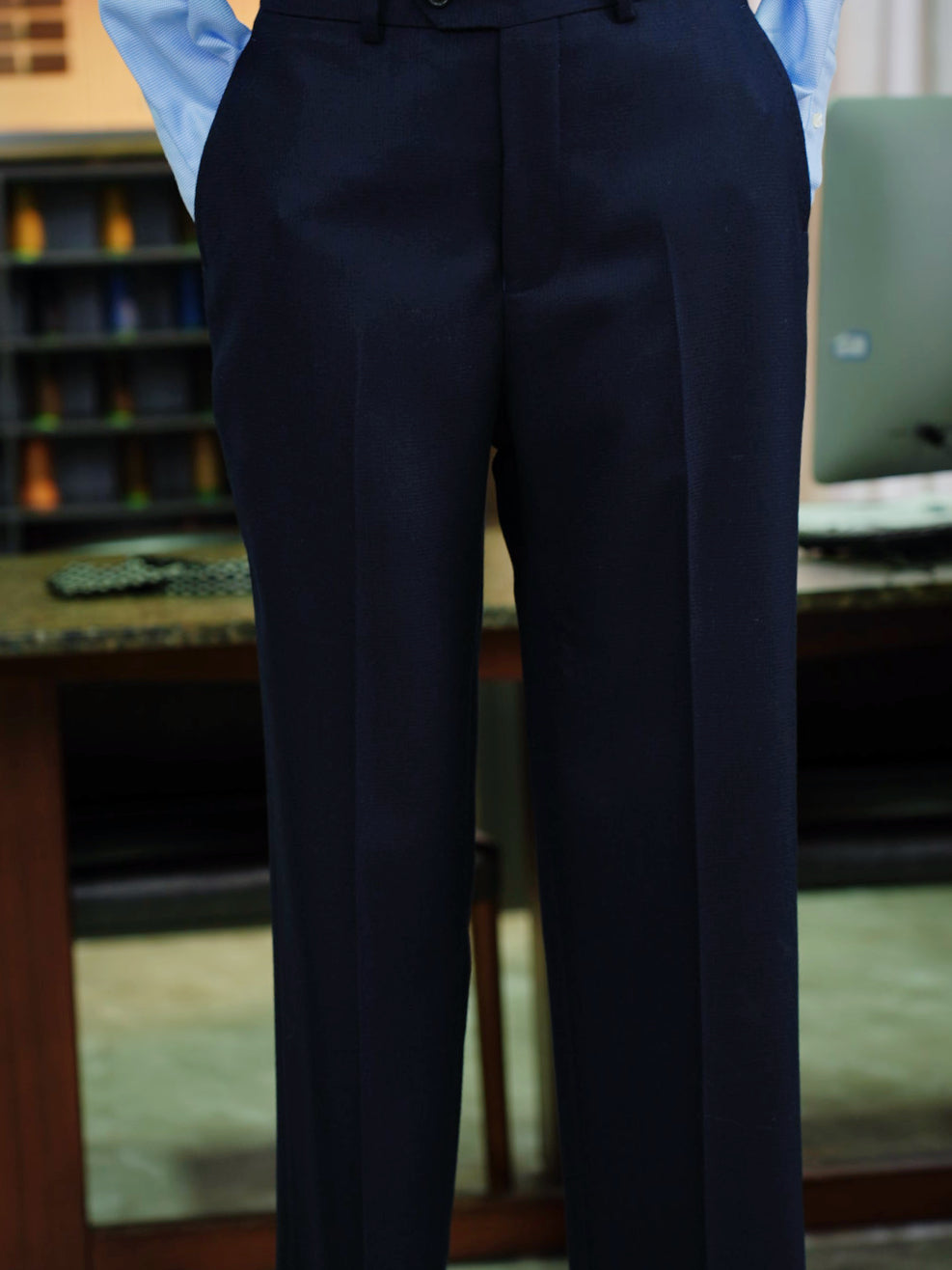 Men's Navy Textured Wool Suit Pants