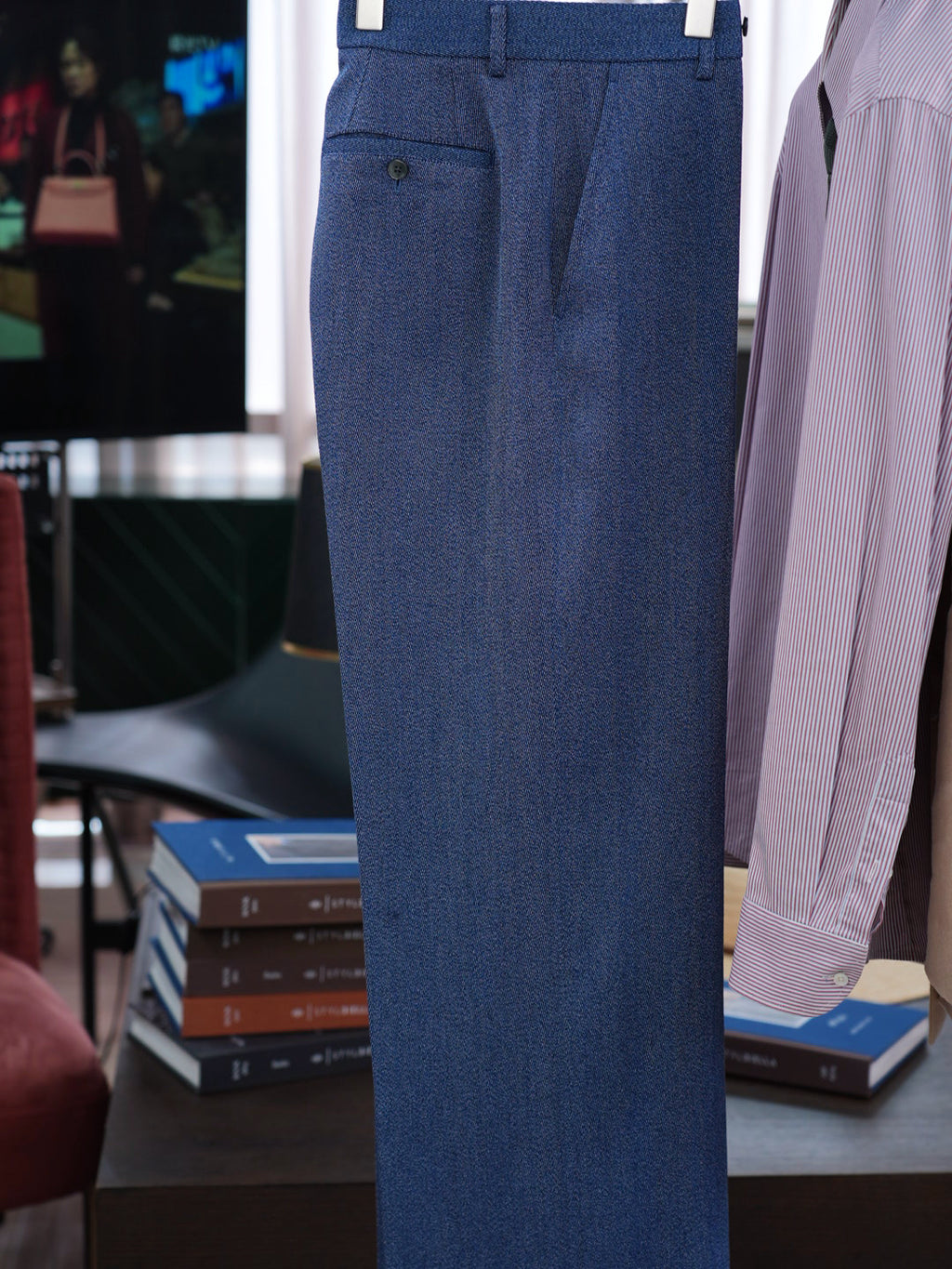 Men’s Blue Color‑Heathered Twill Straight‑Leg Trousers | Wool‑Hemp‑Cotton‑Poly Blend