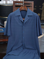 Men’s Slate‑Blue Horizontal‑Stripe Knit Loungewear Set | 82% Nylon 18% Spandex