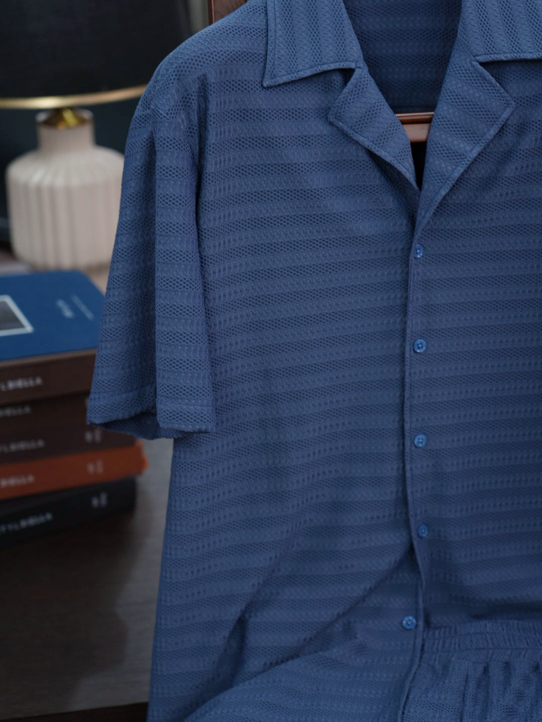 Men’s Slate‑Blue Horizontal‑Stripe Knit Loungewear Set | 82% Nylon 18% Spandex