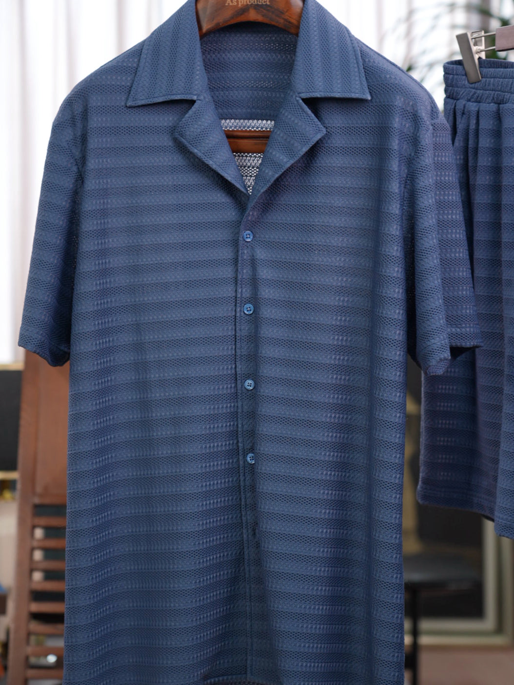 Men’s Slate‑Blue Horizontal‑Stripe Knit Loungewear Set | 82% Nylon 18% Spandex