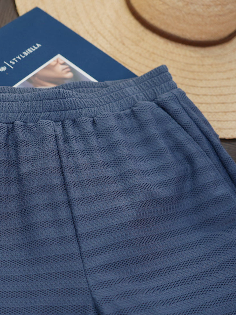 Men’s Slate‑Blue Horizontal‑Stripe Knit Loungewear Set | 82% Nylon 18% Spandex