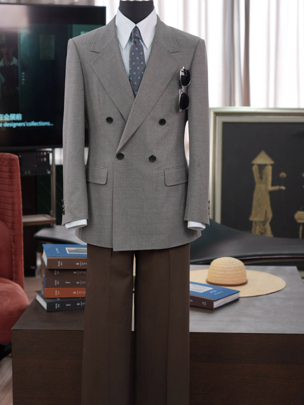 Grey-brown wool double-breasted blazer with subtle pattern