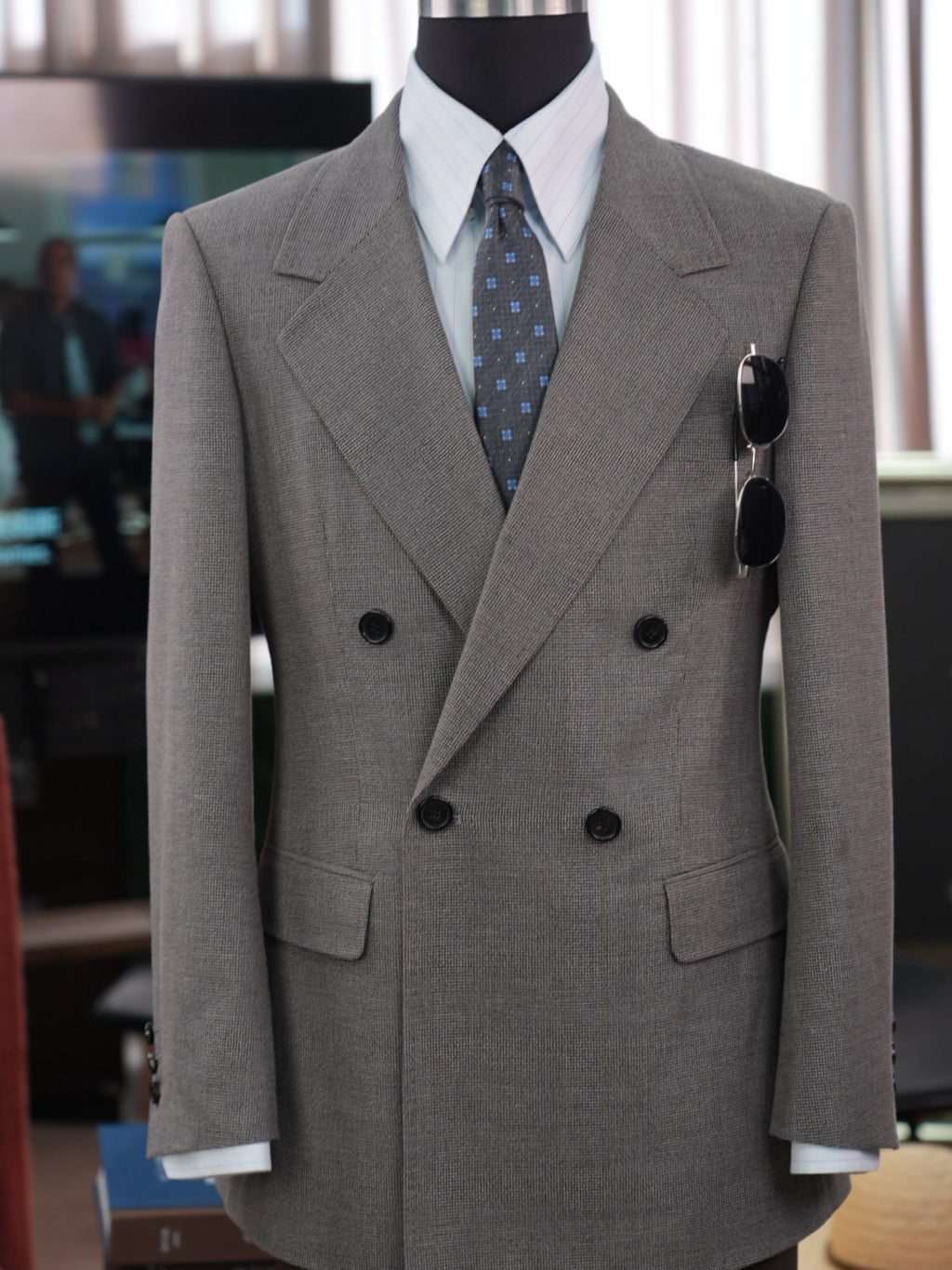 Grey-brown wool double-breasted blazer with subtle pattern