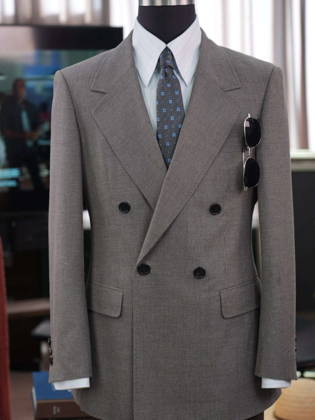 Grey-brown wool double-breasted blazer with subtle pattern
