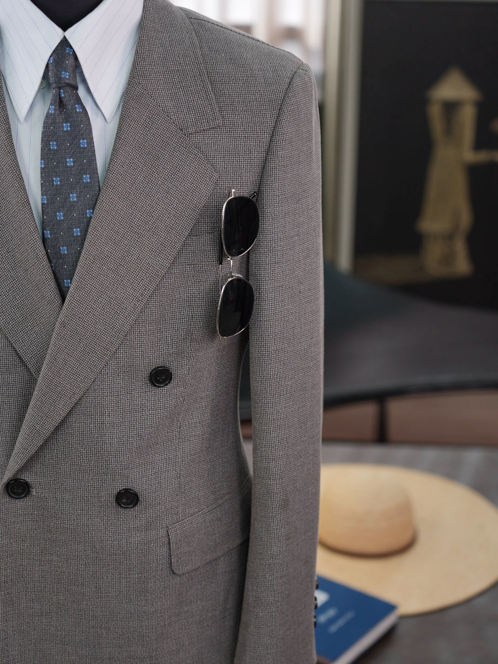 Grey-brown wool double-breasted blazer with subtle pattern