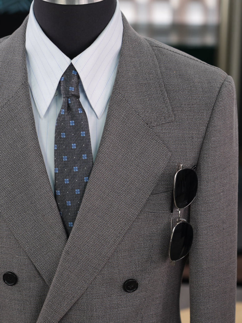 Grey-brown wool double-breasted blazer with subtle pattern