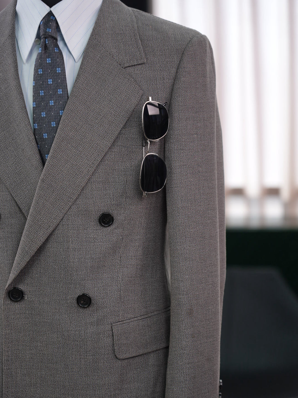 Grey-brown wool double-breasted blazer with subtle pattern
