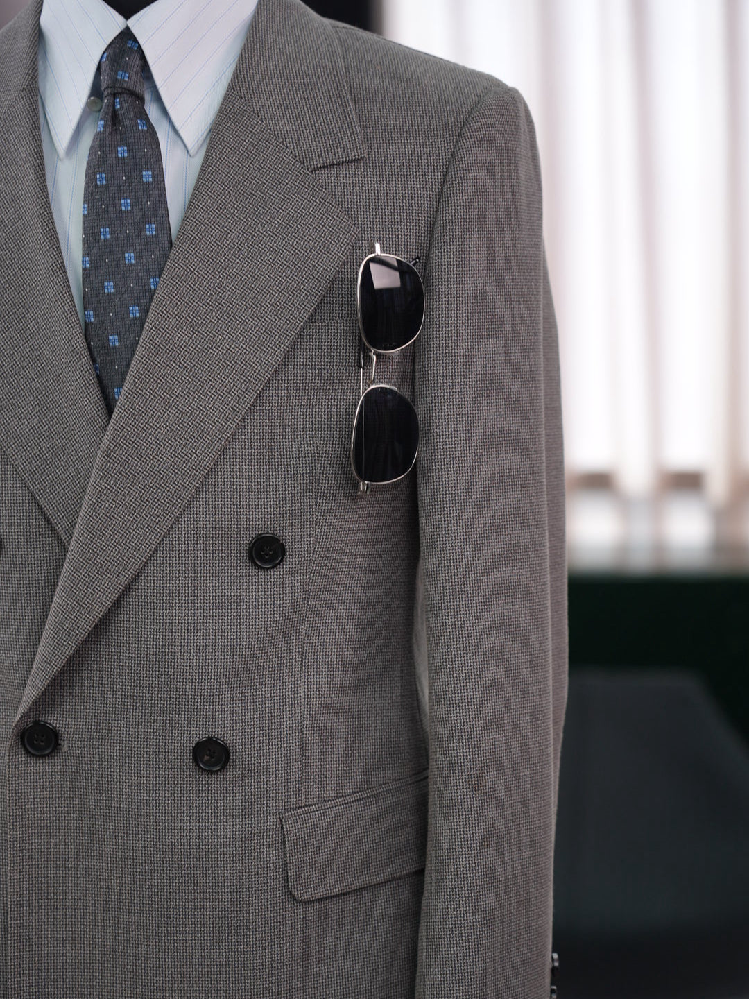 Grey-brown wool double-breasted blazer with subtle pattern