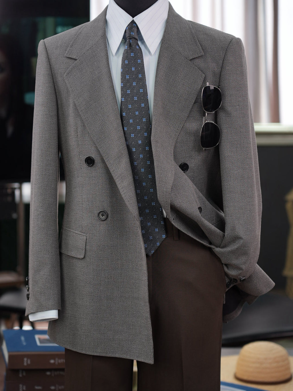 Grey-brown wool double-breasted blazer with subtle pattern