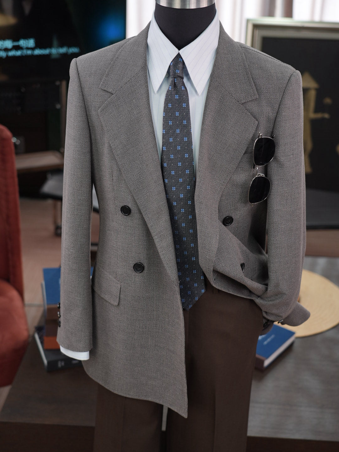 Grey-brown wool double-breasted blazer with subtle pattern