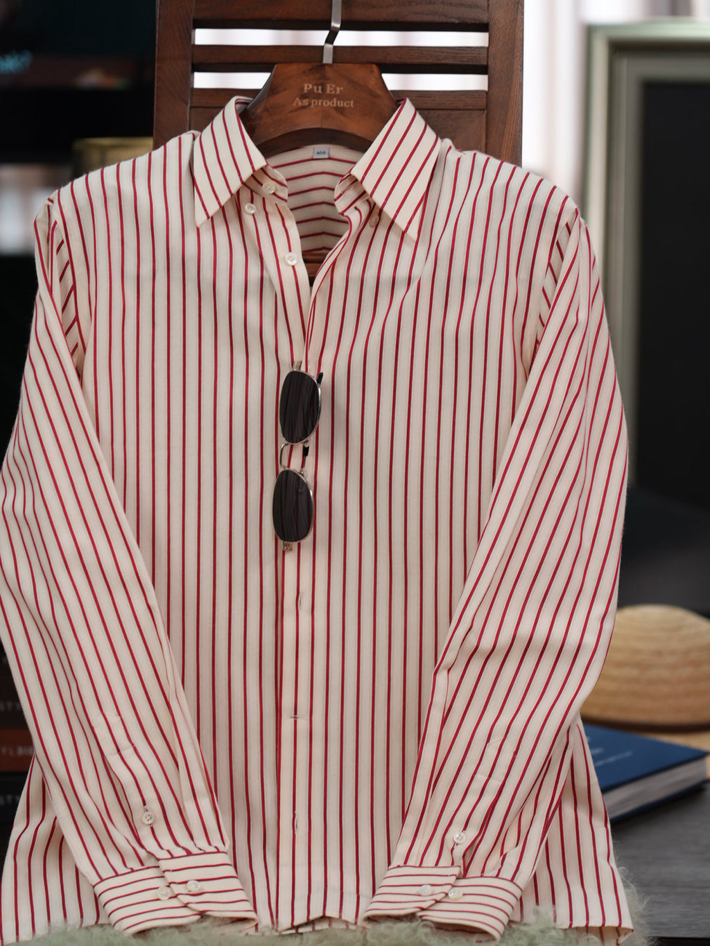 Men Off White Base Red Pinstripe Button Down Shirt