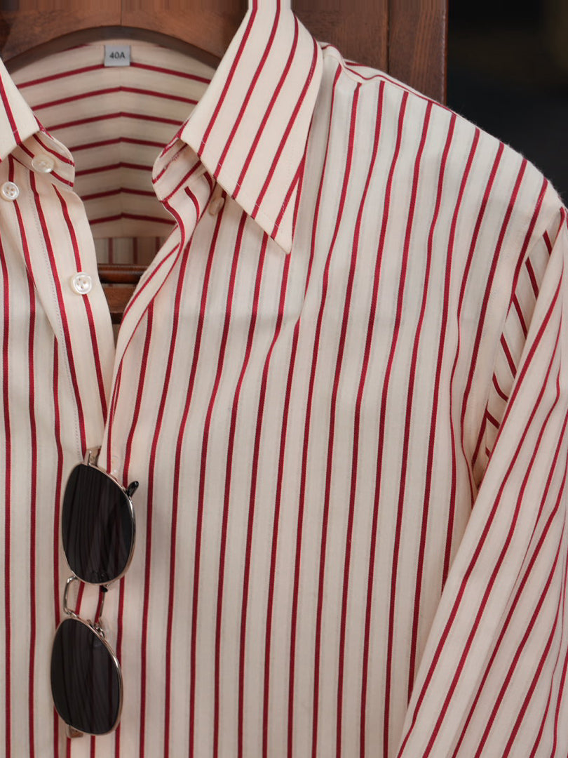Men Off White Base Red Pinstripe Button Down Shirt