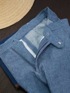 Men’s Blue Linen‑Cotton Denim‑Style Straight‑Leg Casual Trousers | 53% Linen 47% Cotton